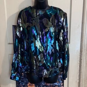 METALLIC SHEER BLACK BLOUSE Vintage Purple Green Gold FLORAL TEDDI